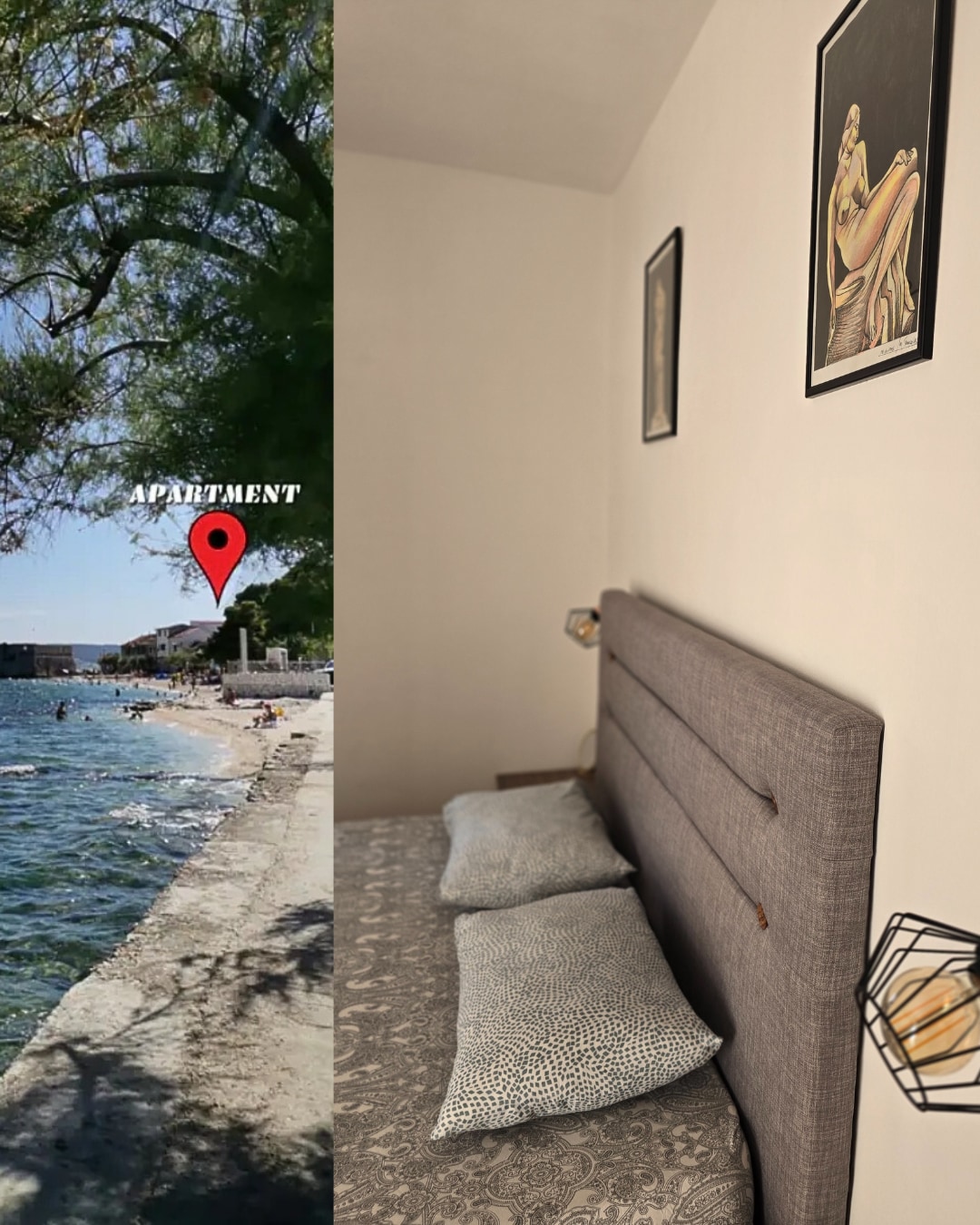 The image juxtaposes a serene beach scene with a view of a cozy sleeping area. Pebbles create a gentle shoreline, while a calm sea reflects the greenery of nearby trees. The sleeping area features a neutral-colored spacious bed adorned with patterned pillows and framed artwork on the walls.