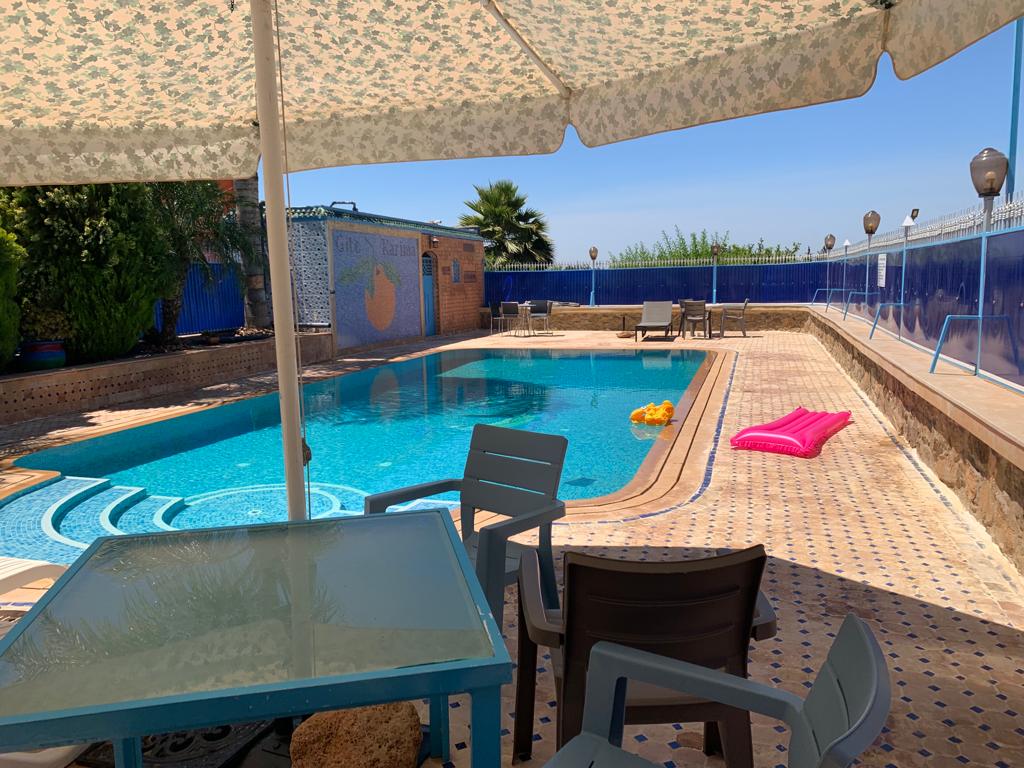 A serene pool area features a clear blue swimming pool surrounded by patterned tiles. Sun loungers and umbrellas provide shaded seating. A pink float is visible in the water, while vibrant greenery and blue walls enhance the relaxed atmosphere.