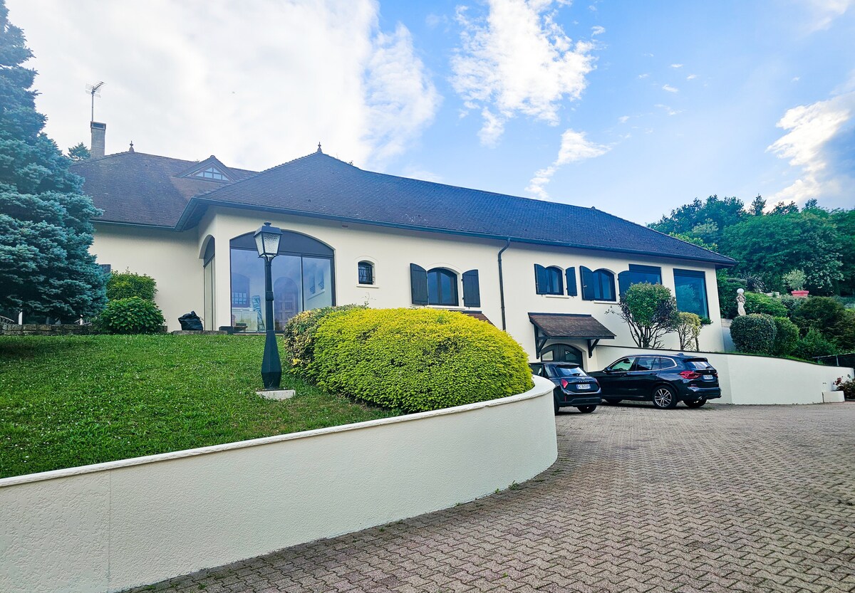 The exterior of the villa is showcased, featuring a well-maintained garden with shrubs and trees. A paved driveway leads up to the entrance, where ample parking space for multiple vehicles is present. The architectural design includes large windows and a sloped roof.