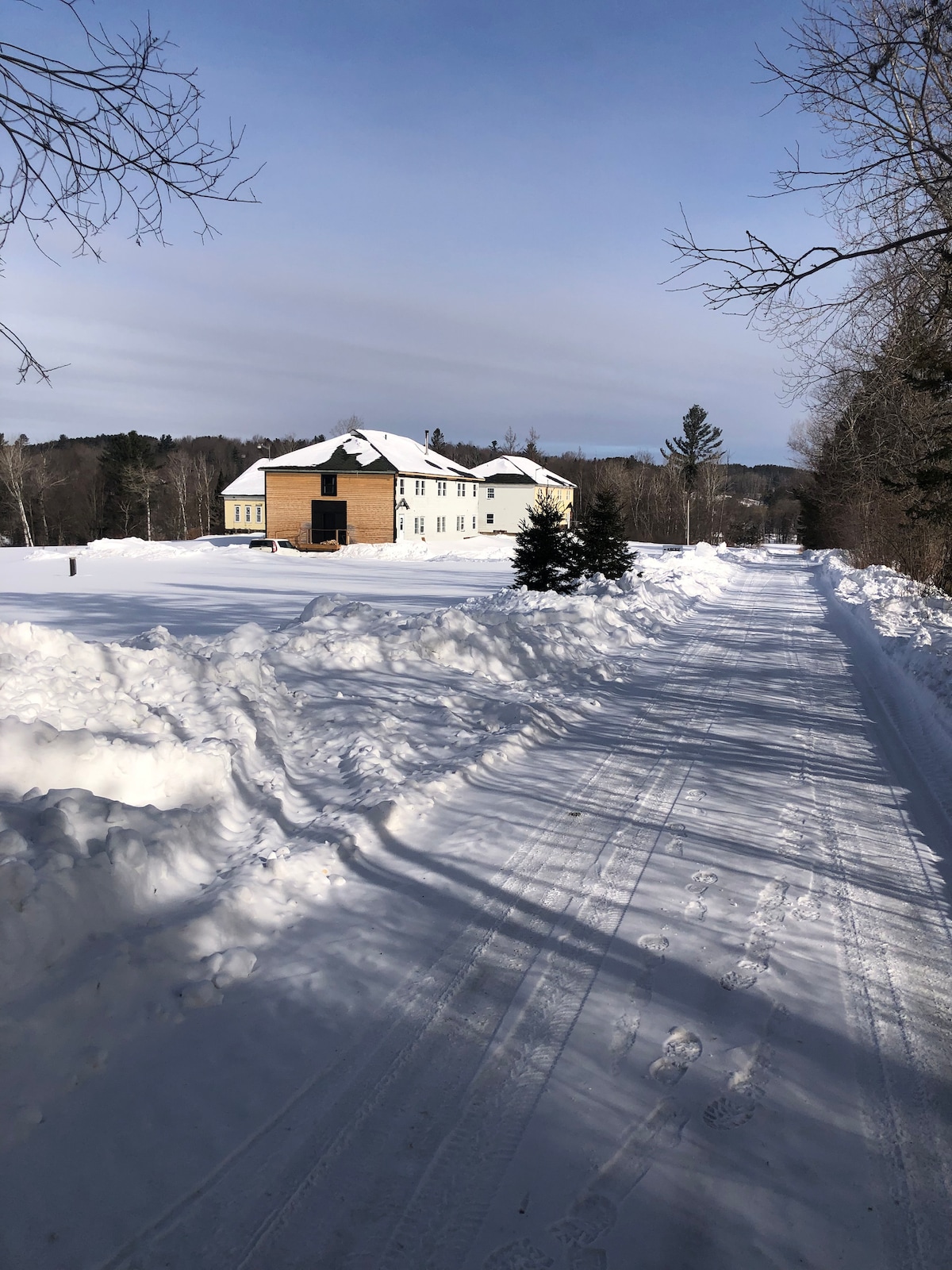 A snow-covered pathway is lined with trees, leading toward a two-story building with a mix of light and dark facades. Freshly fallen snow blankets the ground, creating a serene winter landscape under a partly cloudy sky.