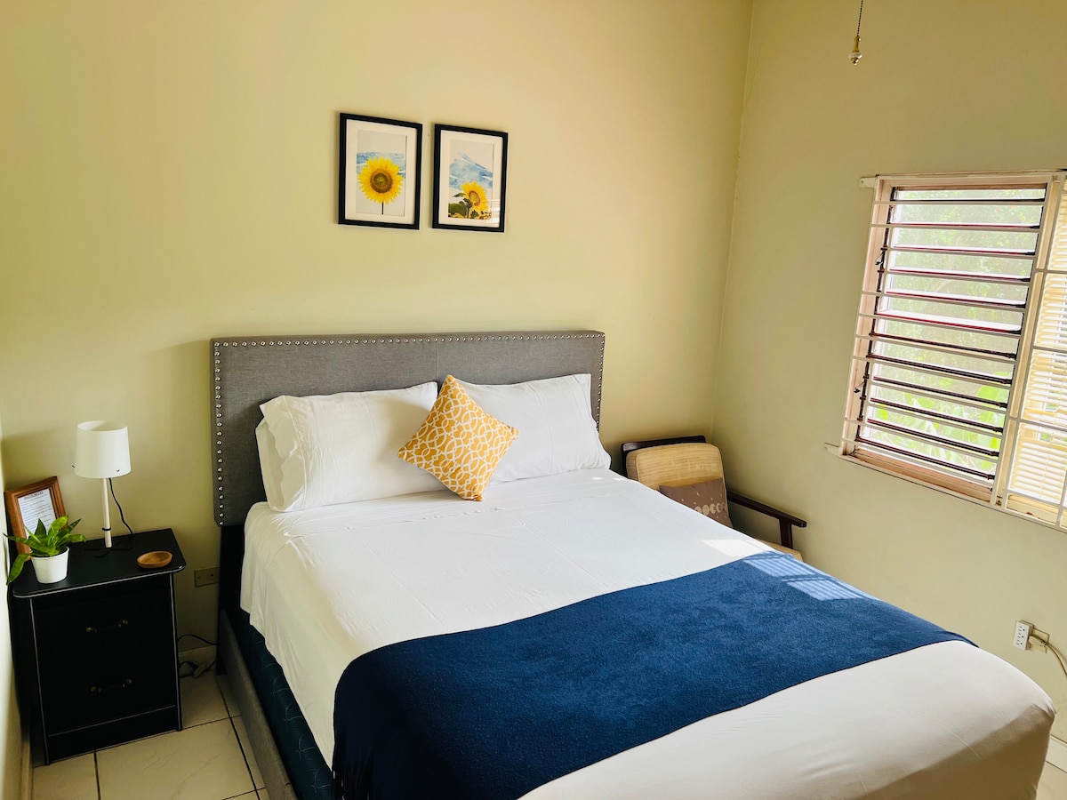 The bedroom features a spacious bed with white linens and a blue throw blanket. Two framed pictures of sunflowers adorn the wall above the bed. A bedside table with a lamp and a small plant is included, alongside a wooden chair by the window with wooden slats.