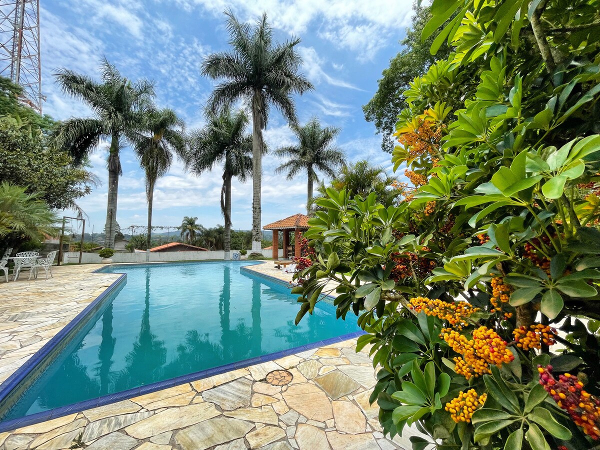 A clear swimming pool is surrounded by lush tropical foliage and towering palm trees. The stone patio offers a scenic view, with a thatched-roof gazebo in the distance, complementing the inviting outdoor space.