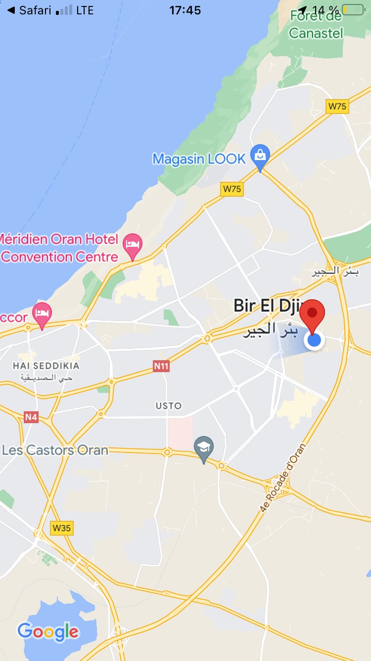 A digital map displays the location of the property near major roads and landmarks. Key features include labeled areas such as 'Meridien Oran Hotel' and 'Bir El Dji,' indicating proximity to amenities and attractions.