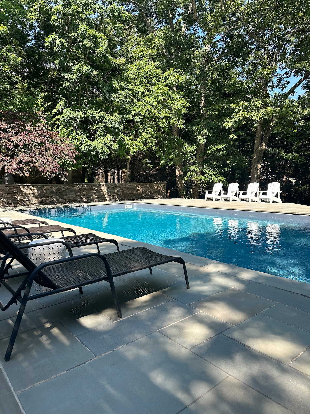 The outdoor swimming pool is surrounded by a spacious patio, featuring several lounge chairs positioned beneath the trees. Lush greenery provides a natural backdrop, offering a serene environment for relaxation beside the inviting blue water.