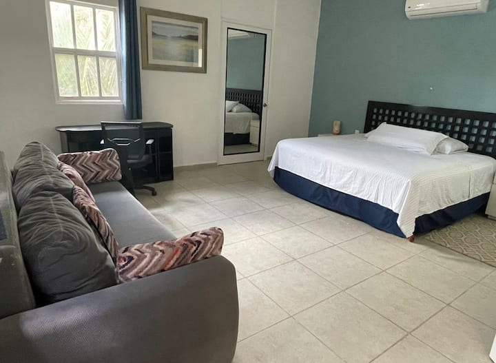 ห้อง 1: เตียงขนาดคิงไซส์โซฟาเบดโต๊ะทำงานและห้องน้ำในตัว