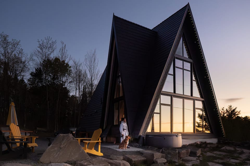 A timber A-frame above the French River, French River, Ontario, Canada, photo 1 of 10