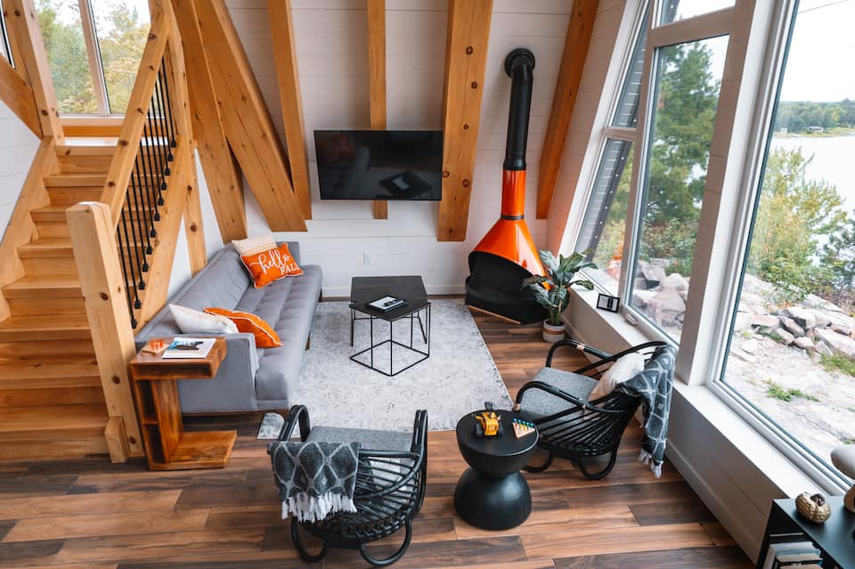 A black timber A-frame above the French River, French River, Ontario, Canada, photo 10 of 10