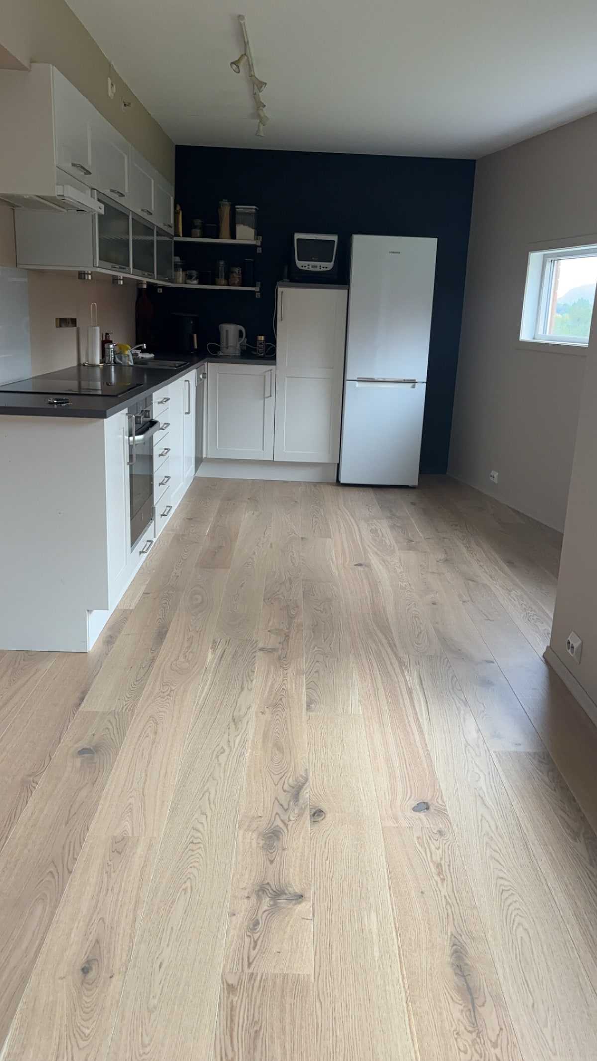 A modern kitchen features sleek, white cabinetry and countertops. A stainless-steel oven is positioned near a spacious refrigerator against a dark wall. Light wood flooring extends across the area, creating a bright and clean appearance, with a window providing natural light.