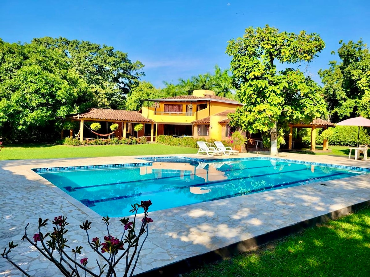 A well-maintained pool area features clear blue water surrounded by a spacious stone patio. Sun loungers are positioned near the pool, and vibrant greenery frames the background, alongside a yellow two-story house, creating a serene outdoor environment.
