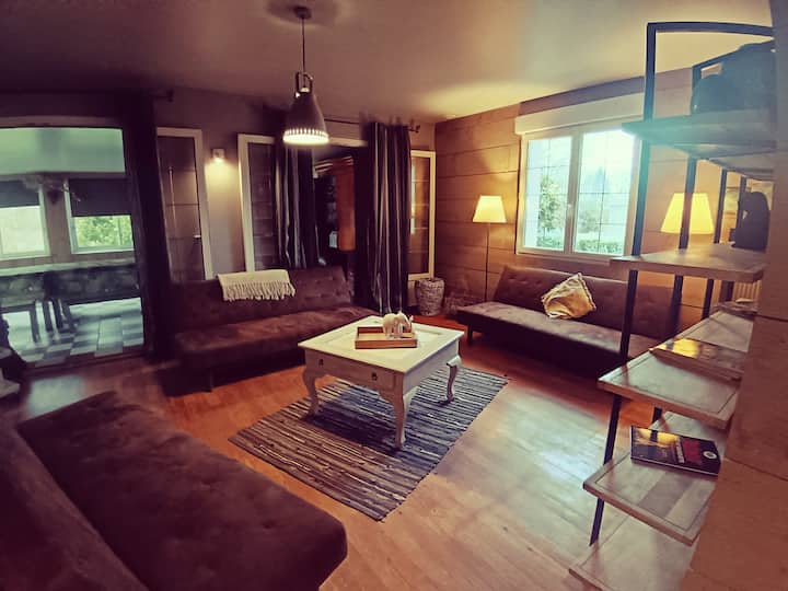 Espace salon avec bibliothèque