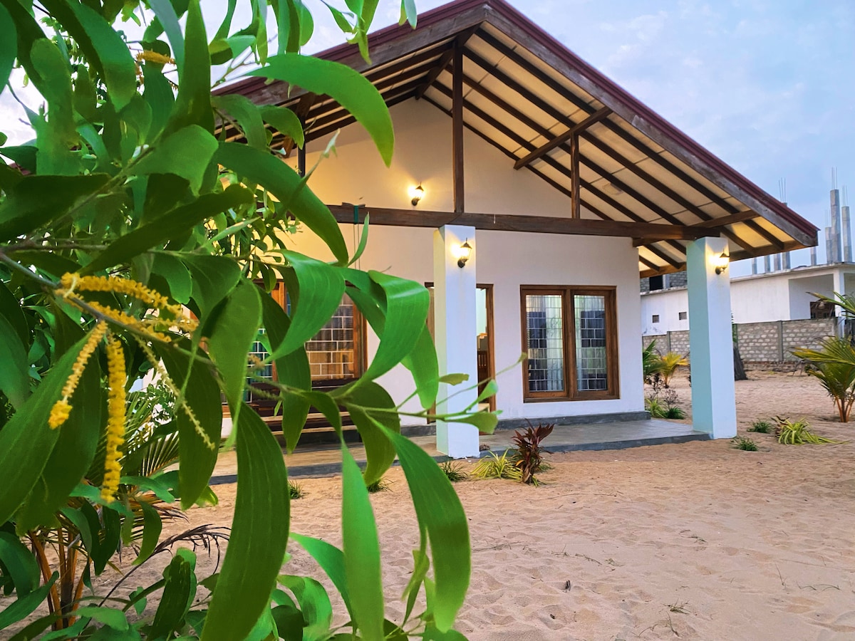 The villa is situated on sandy ground, surrounded by green foliage. Its exterior features a modern design with large windows, allowing natural light to brighten the living spaces. The sloped roof adds character to the structure, inviting guests to explore the beachside location.