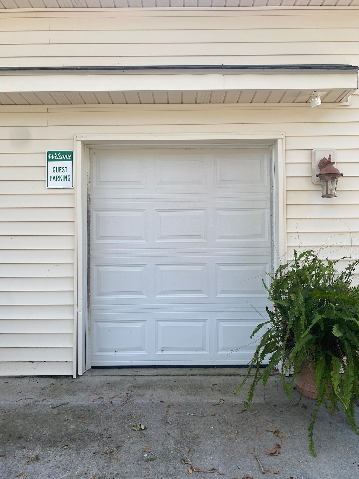 The image features a white garage door set against a light-colored wooden building. A small outdoor light fixture is visible beside the door, along with a potted fern placed on the ground. A sign indicating 'Guest Parking' is attached to the wall above the door.