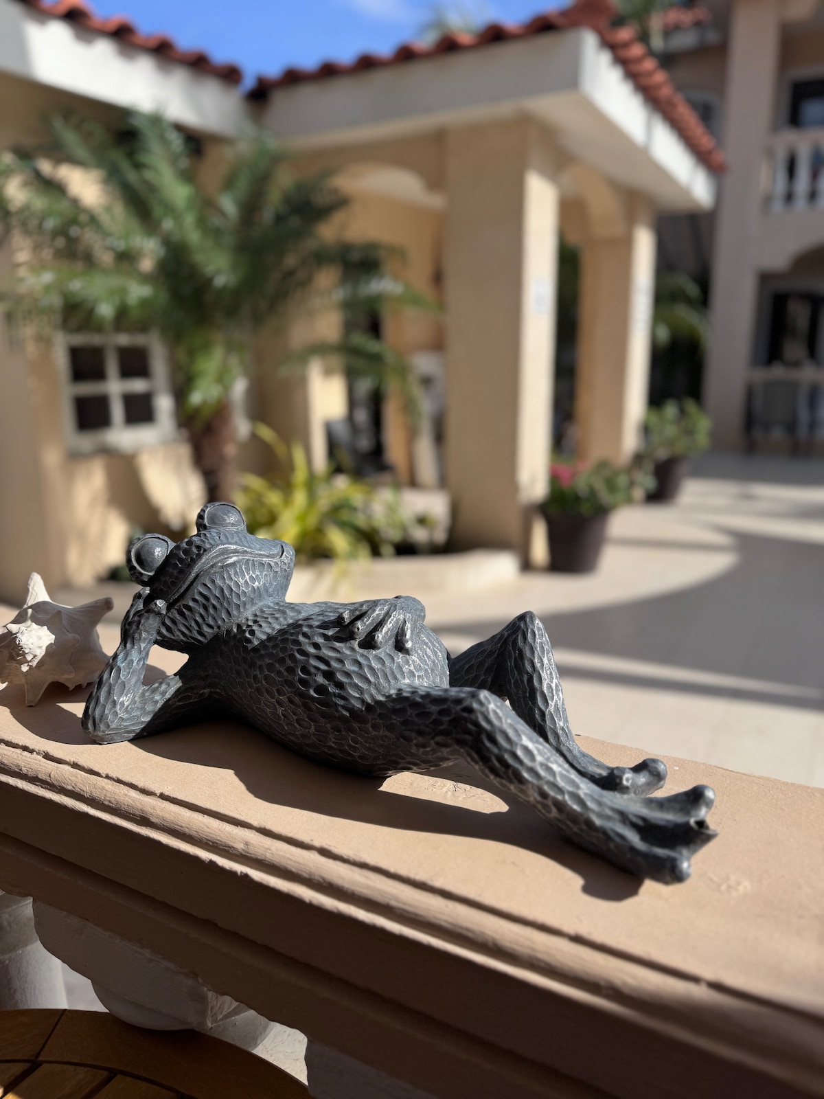 A decorative frog statue reclines on a ledge, promoting a relaxed vibe. In the background, tropical plants and partially visible architecture enhance the outdoor space, showcasing a serene and inviting atmosphere.