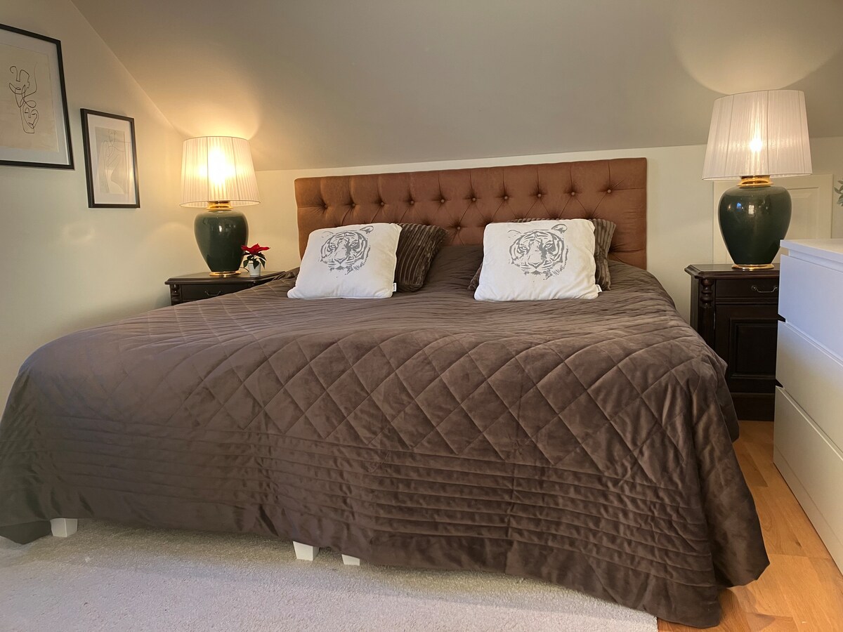 ห้องนอนพร้อมเตียงควีนไซส์ลิ้นชักตู้เสื้อผ้าและทีวีโตชิบาขนาด 49 "