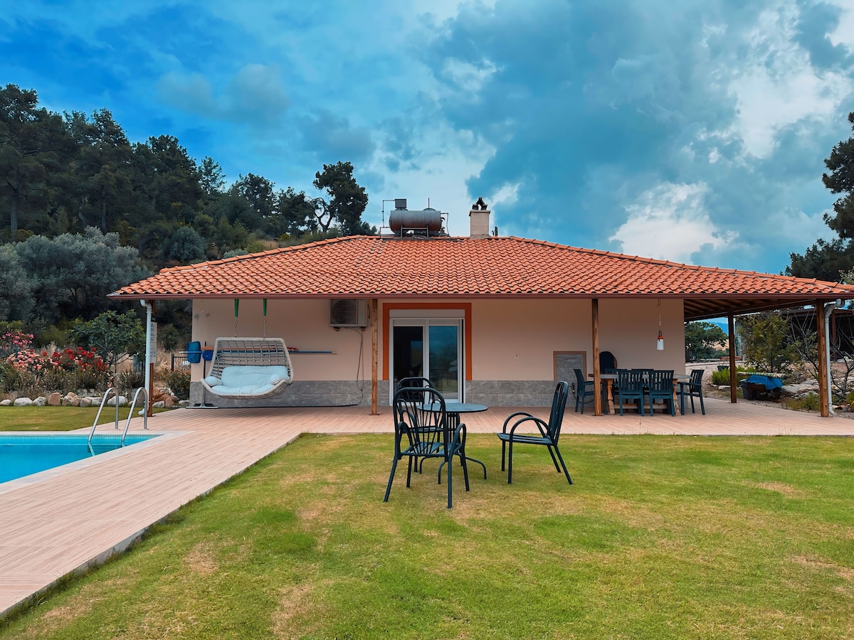 A single-story villa is depicted with a red-tiled roof and light-colored exterior walls. Sitting areas with black chairs and a swing chair are visible on the terrace. A swimming pool glistens nearby amidst the green lawn and surrounding garden.