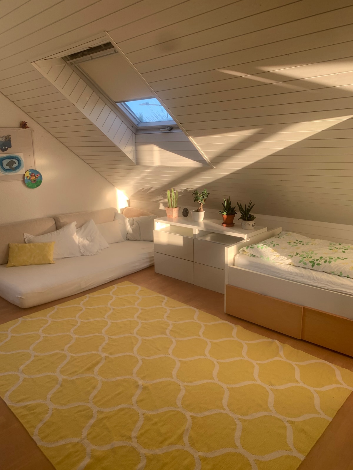A bright room features a cozy setting with a spacious mattress on the floor and a bed adorned with a patterned coverlet. Natural light fills the space from a skylight above. Potted plants and wall decorations add a touch of warmth, while a yellow area rug complements the decor.