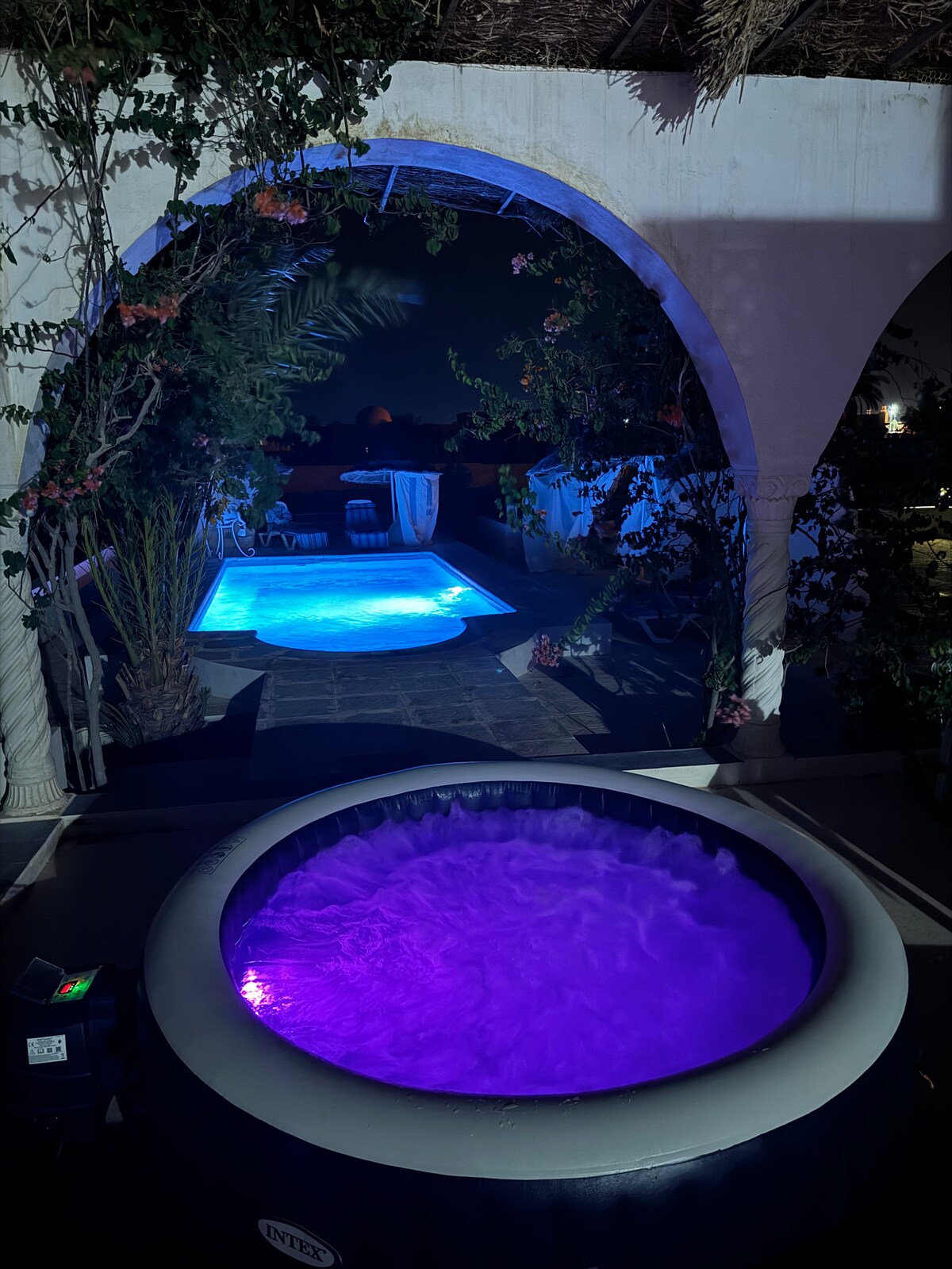 A private jacuzzi is shown in the foreground with soft purple lighting, surrounded by lush greenery. In the background, a tranquil swimming pool glows in blue, offering a serene atmosphere. Both spaces are situated beneath an archway, enhancing the connection to the outdoor setting.