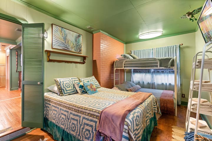 Perfect for families! This room features a queen bed plus a twin-over-full bunk bed for flexible sleeping arrangements. Comfortably sleeps up to 5 - ideal for kids, friends, or the whole crew.
