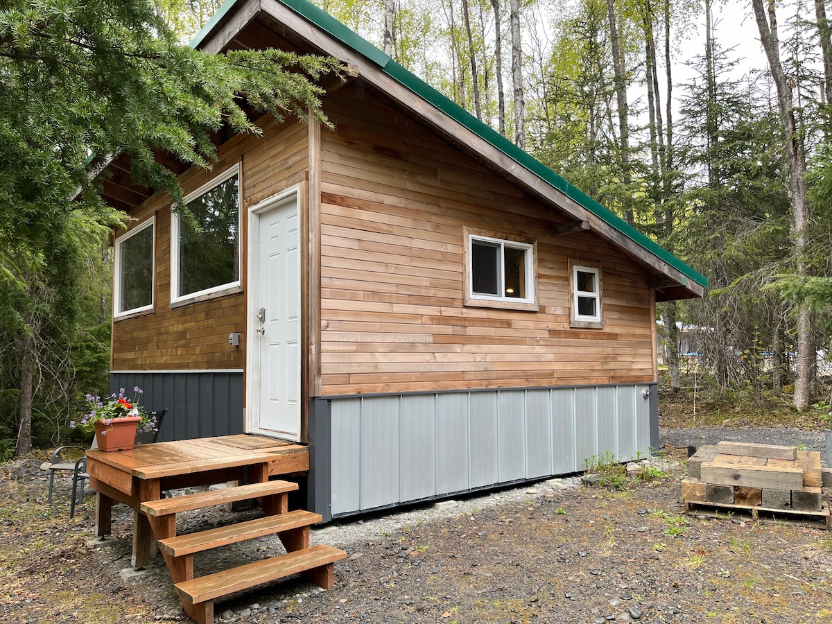 A charming wooden bungalow is surrounded by trees, featuring a green roof and large windows. A set of stairs leads to the main entrance, and a flower pot brightens the area. A gravel patch is visible in the foreground, adding a natural touch.
