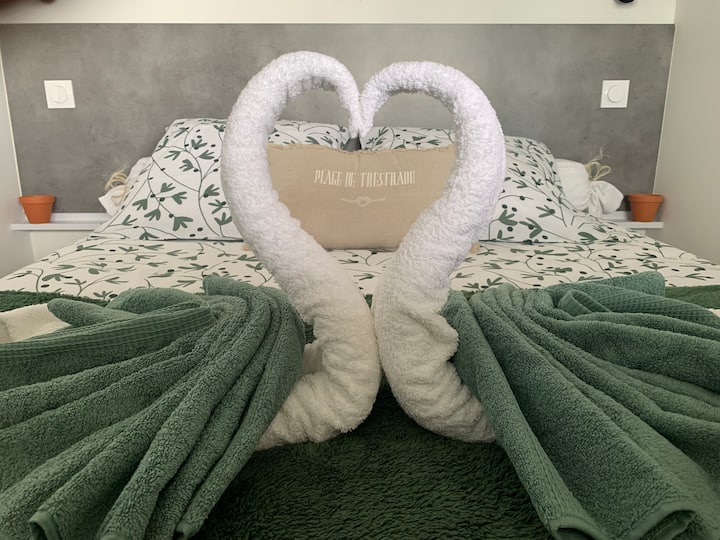 Prestation linge de toilette, avec sa décoration en Cygnes, comprend :
Draps de bain x3
Serviette de toilette x3
Gants de toilette x2
Tapis de bain
4 torchons 
Tarif 25€