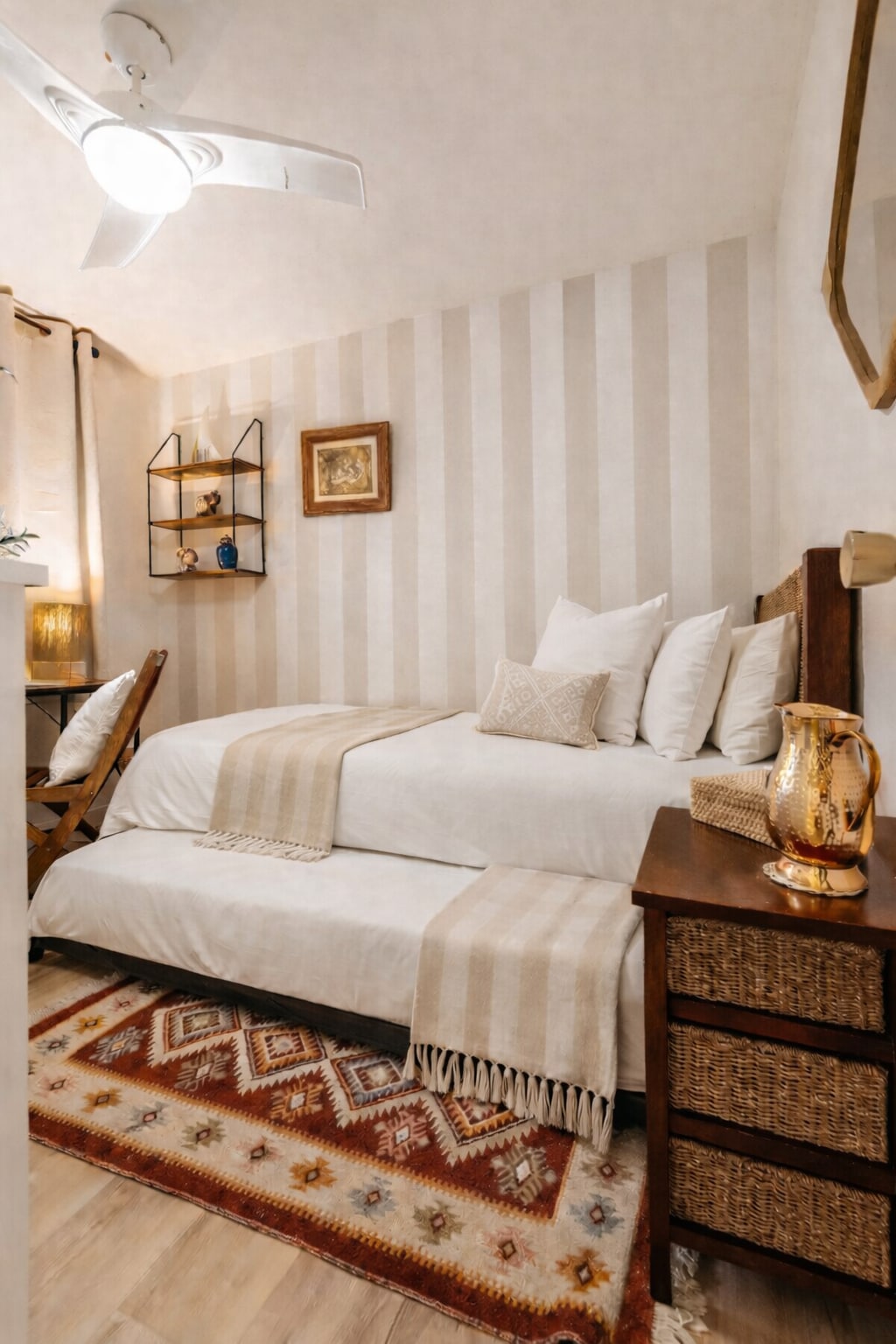 2号卧室配有抽拉式子母床、舒适的装饰和自然光线

房间明亮，配有带脚轮的床，装饰温馨，地中海风格，非常适合家庭或团体入住。