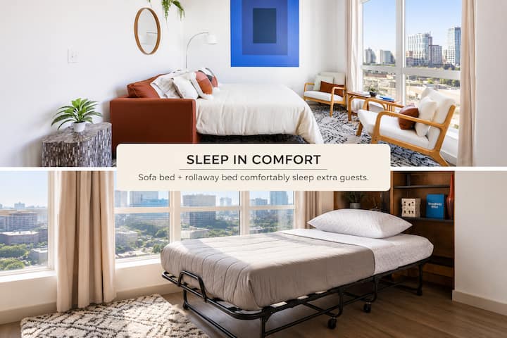 [Sleeper Sofa+Roller Bed] Lourenco 77'' Square Arm Sofa Bed which extends to the perfect additional queen bed in living room & Milliard Signature Premier Twin Folding Bed. Both super comfortable with silky soft bedding included.