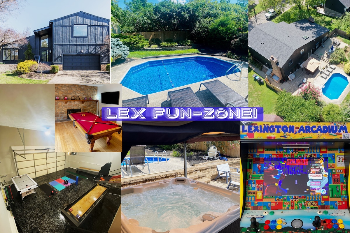 A collage showcases various outdoor and indoor entertainment areas. A blue pool is surrounded by sun loungers. A hot tub is visible nearby. Inside, a game room features a pool table, air hockey, and arcade machine, highlighting multiple recreational options.