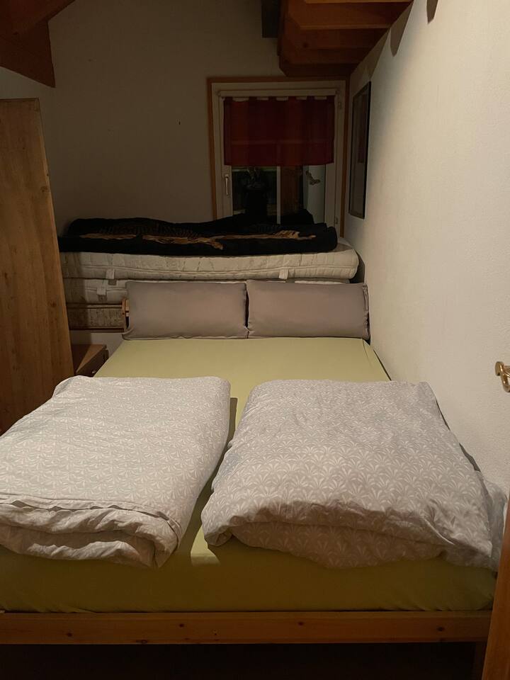 Në dhomë ka një krevat 1,40m
Dhe një lavaman privat me pasqyrë
Përveç kësaj, dhoma është e pajisur me dysheme të vërtetë prej druri, si dhe dy dritare