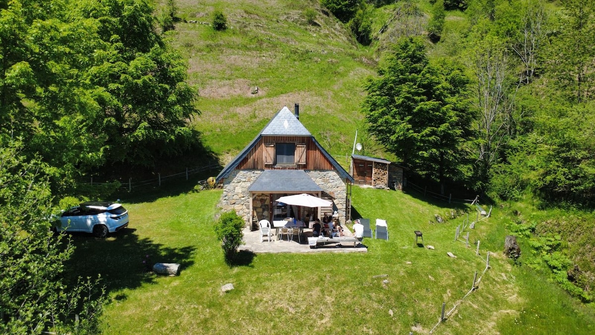 The chalet is set on a grassy landscape, surrounded by lush greenery and distant hills. A stone facade is complemented by a sloped roof. Outdoor seating is available under a white canopy, providing a relaxing space to enjoy the scenic surroundings. A vehicle is parked nearby.
