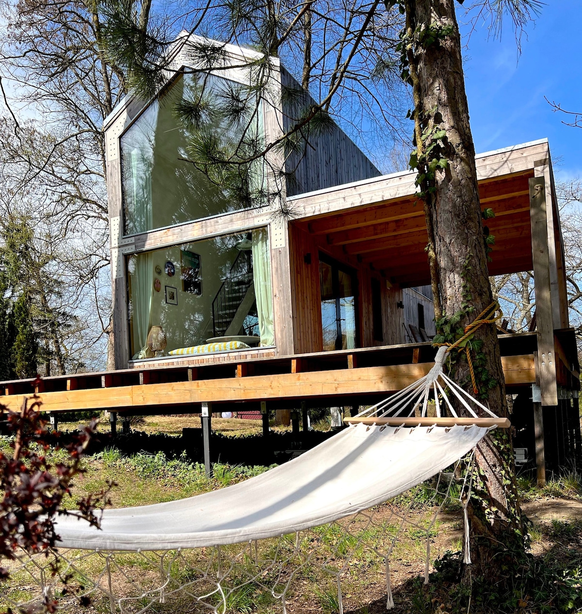 A modern house is situated on a raised platform among towering trees. Glass walls reflect the surrounding nature, while a hammock is visible in the foreground, inviting relaxation. The design integrates natural elements, creating a connection with the outdoor environment.