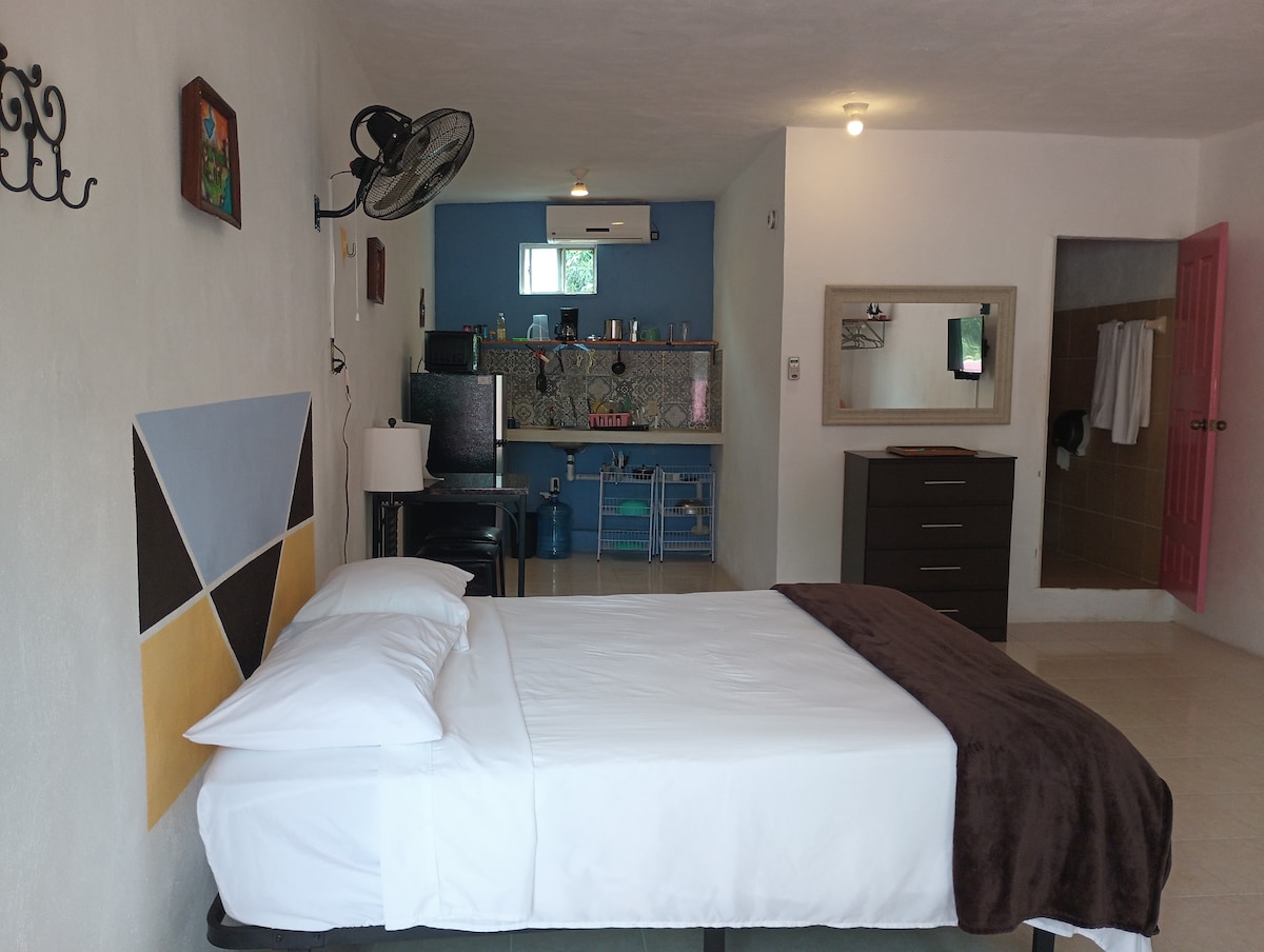 A spacious room features a queen size bed with crisp white sheets and a dark blanket. A kitchenette is visible in the background, along with a workspace complete with a monitor. An air conditioning unit and ceiling fan are also present for comfort.