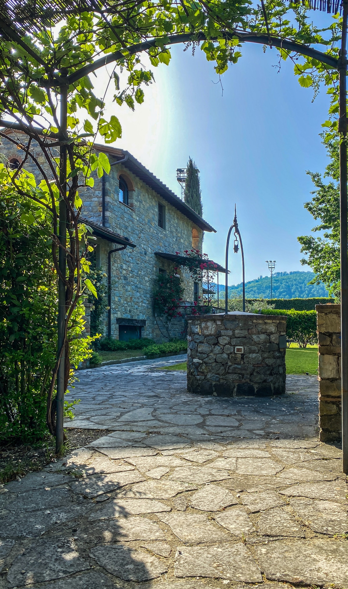 An inviting entrance to the property is framed by lush greenery, with a stone pathway leading to the rustic stone house. Sunlight filters through the leaves, illuminating the charming outdoor area featuring a well. Hilly landscapes are visible in the background, creating a serene atmosphere.