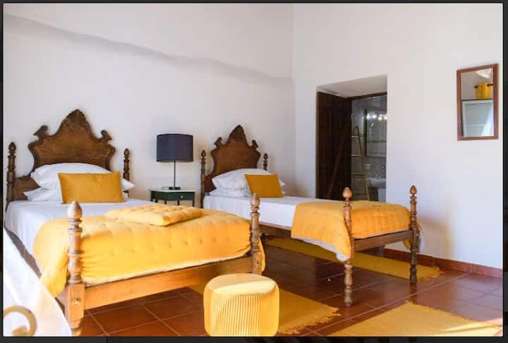 "¡Experimenta una comodidad encantadora en nuestro dormitorio doble! Cada cama cuenta con una hermosa cabecera de madera, sábanas amarillas soleadas y una almohada decorativa. Una elegante mesita de noche con una lámpara y cálidos pisos de baldosas crean un ambiente acogedor y relajante.