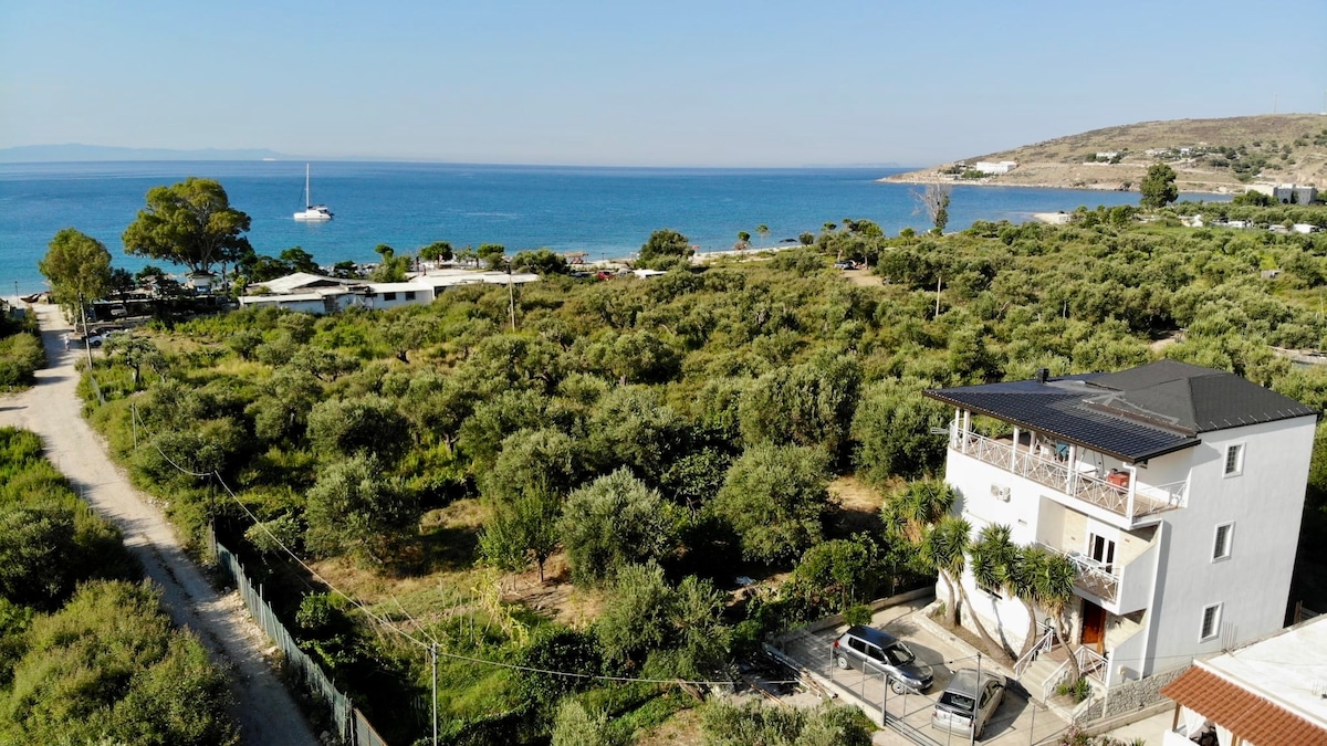 This aerial view showcases Villa Fortuna nestled among olive trees, with clear access to the beach. The sparkling blue water contrasts with the greenery, and the spacious villa stands nearby, complemented by ample parking and a tranquil atmosphere.