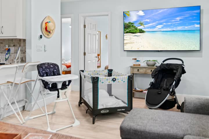 Fly in with just the diaper bag. The high chair, pack n play, and stroller are already set up and waiting, so traveling parents skip the rental fees and the airport gear haul entirely. Families tell us this is why they come back.