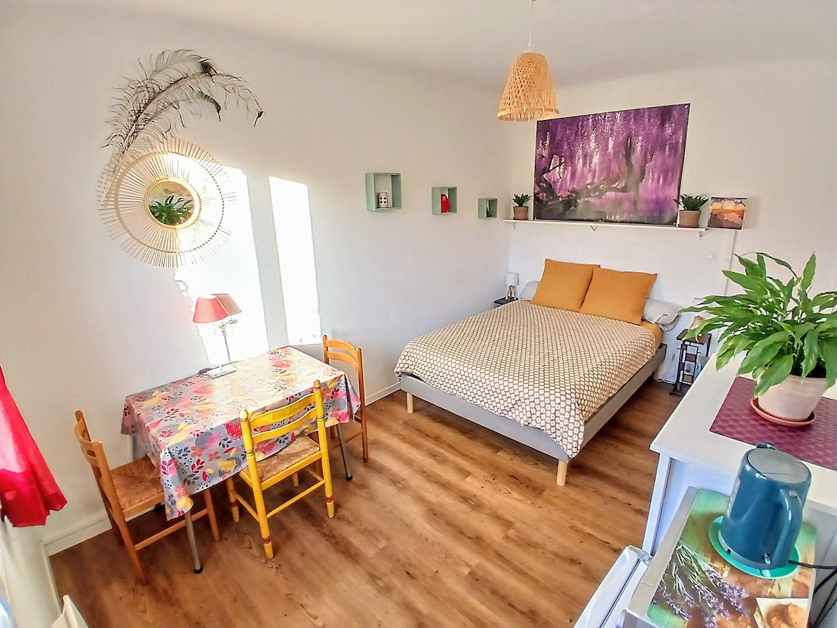 A bright room is presented, featuring a spacious bed adorned with neutral-toned linens. A small dining table with colorful decor is accompanied by four wooden chairs. Shelves are mounted on the walls, displaying a few decorative items, while a potted plant adds a touch of greenery.