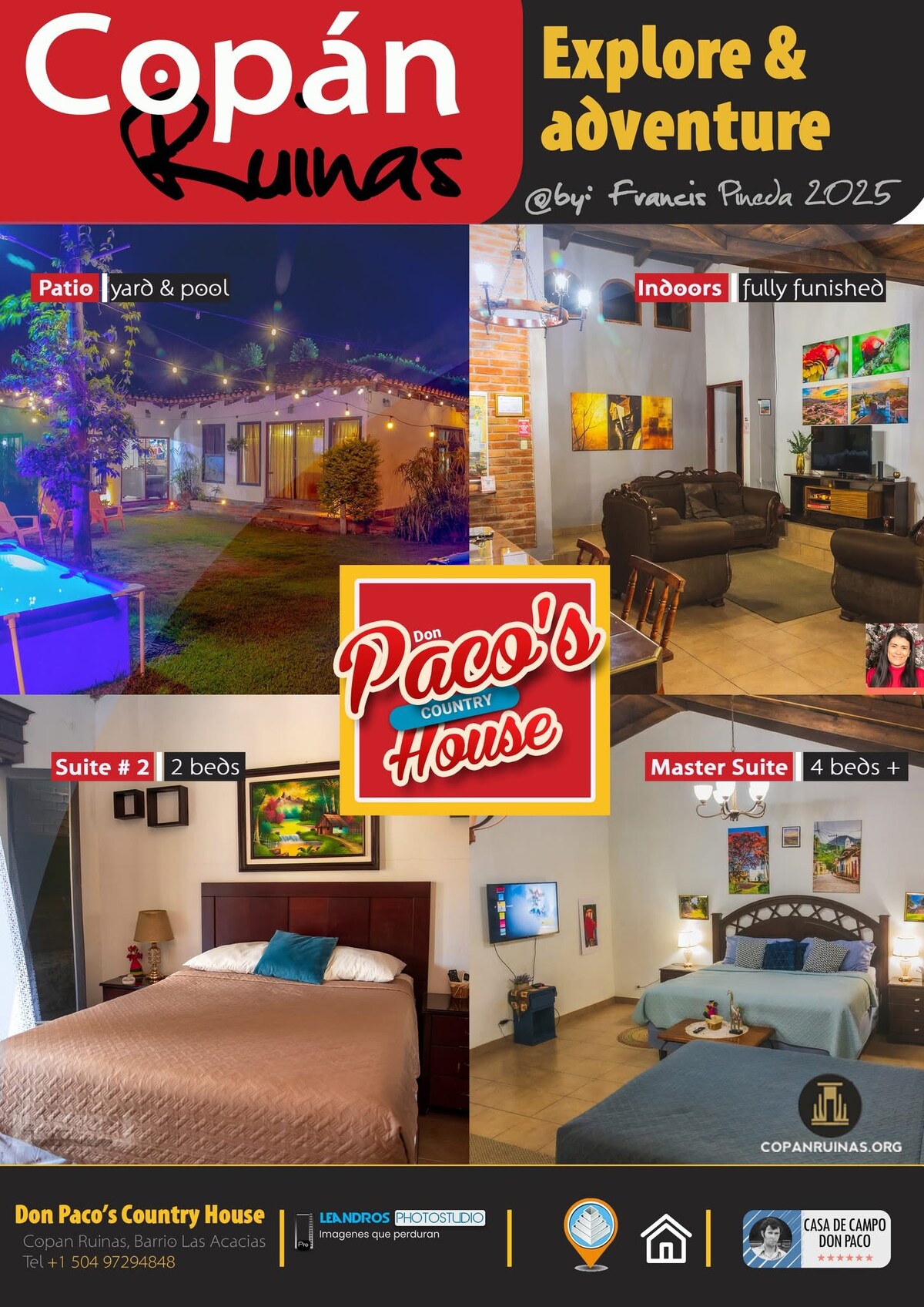 A vibrant collage of Casa Don Paco is displayed, featuring the patio with a pool, indoor living spaces, and the master and second suites. Each room is fully furnished, with an emphasis on comfort and functionality, highlighting the inviting atmosphere of the home.