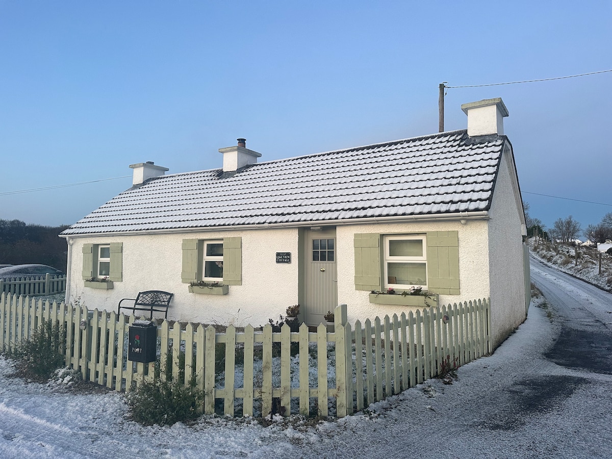 A traditional cottage exterior is shown, featuring white plastered walls and a slate roof. Green shutters are present on the windows, framing the view of the snow-dusted landscape. A charming picket fence encloses a small area in front, and a gravel road leads alongside the property.