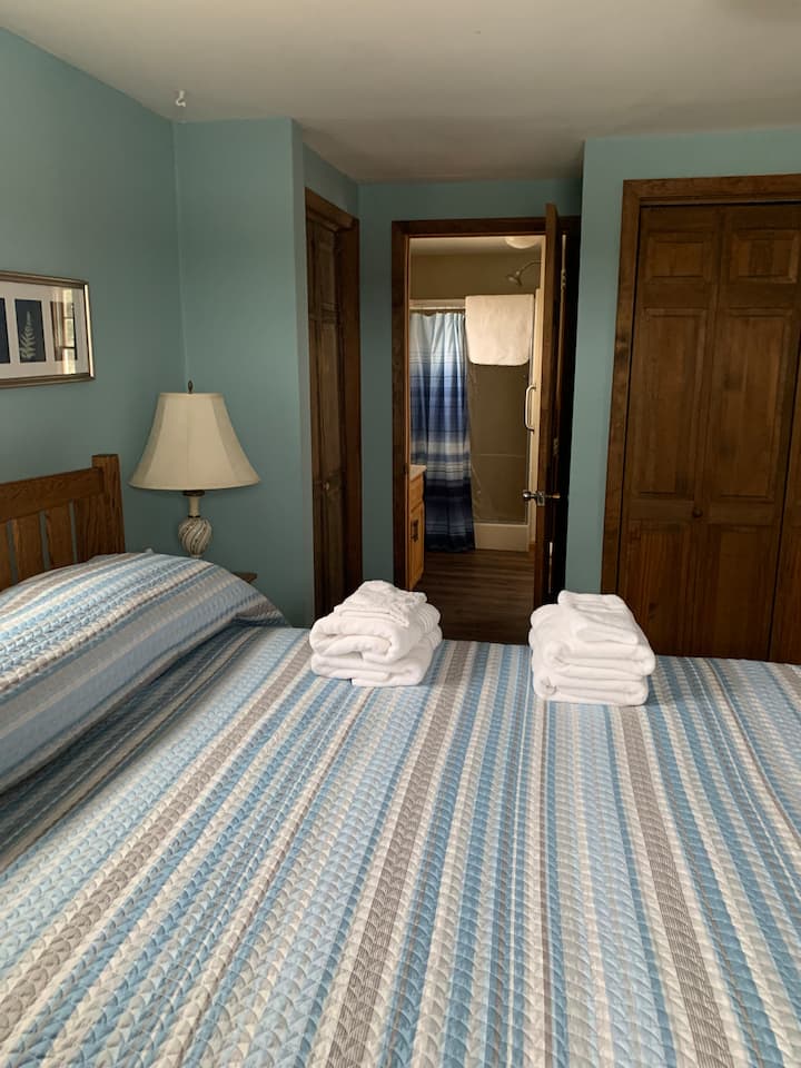 Queen size bed, large dresser, full closet. Attached bathroom with toilet, vanity sink, mirror and shower stall. Shower stall has a seat. The bathroom also houses washer and dryer and can be accessed from kitchen. Both bathroom doors have locks.