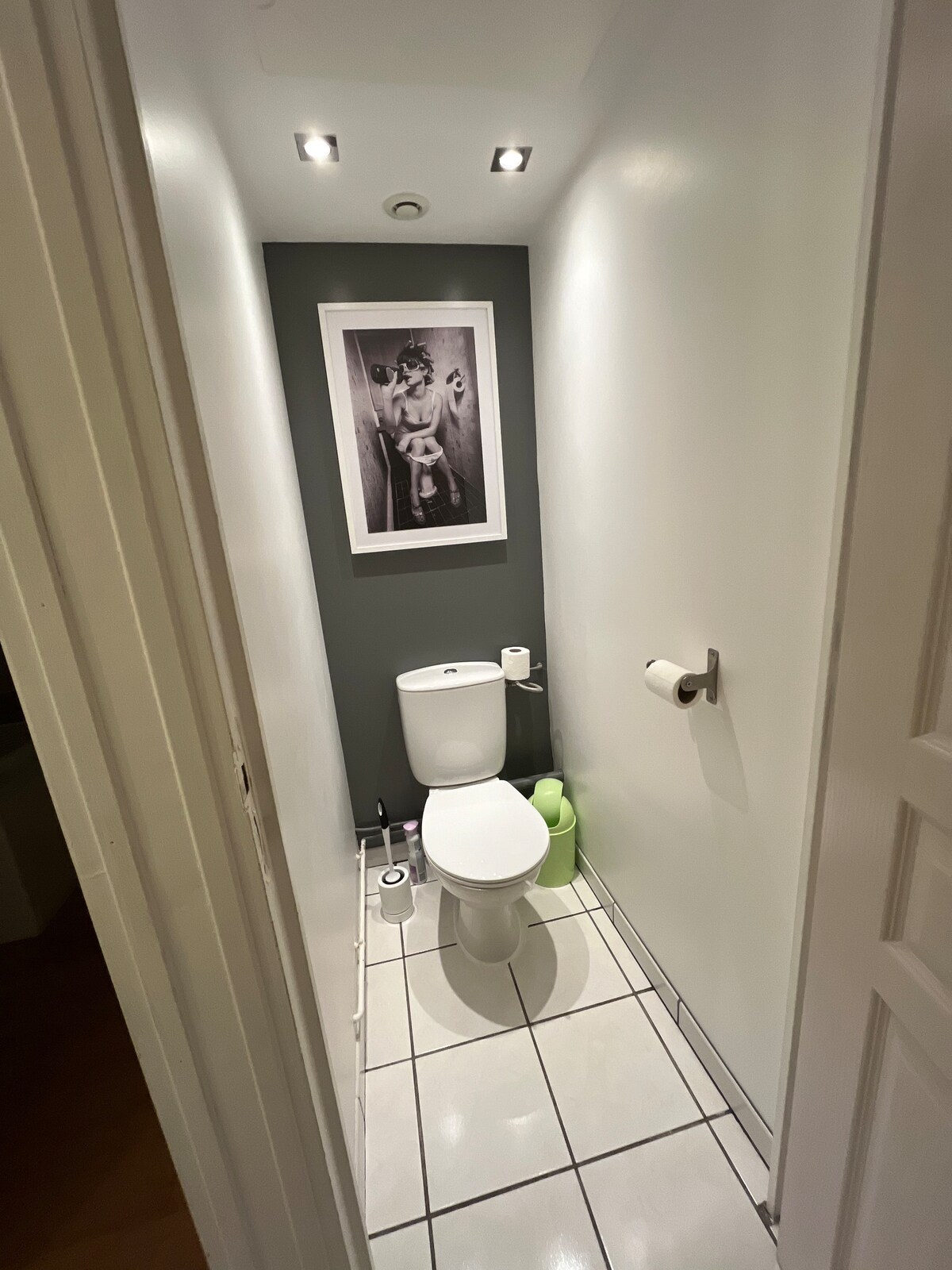 A bathroom is depicted, featuring a white toilet set against a smooth, gray wall adorned with a framed black and white photograph. The space is illuminated by recessed lighting and showcases a tiled floor with white tiles, offering a clean and bright appearance.