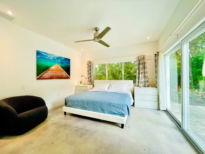 Master bedroom / King size bed / Ceiling fan / TV / Pool view with sliding glass door