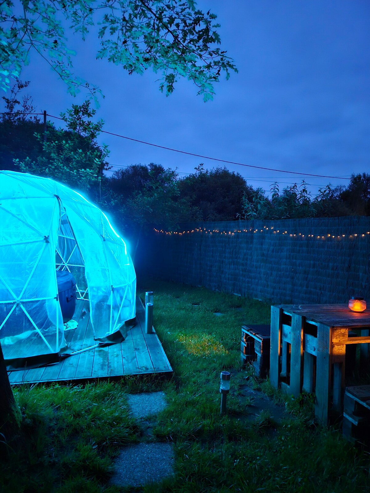 A glowing transparent dome is positioned on a wooden deck surrounded by lush grass, creating a serene atmosphere. Soft lighting twinkles along the perimeter of a nearby wooden seating area, enhancing the evening ambiance. The space is enclosed by a natural fence, ensuring privacy.