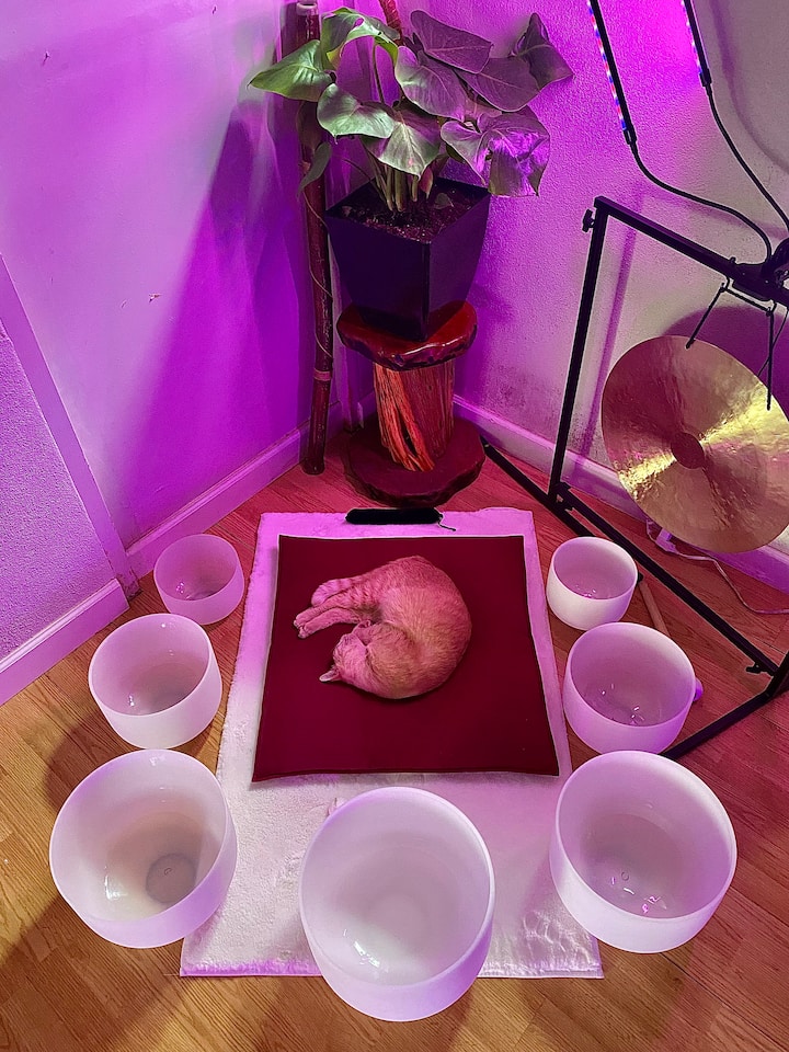 Cuencos cantores en el estudio interior. Baños de sonido privados disponibles para reservar