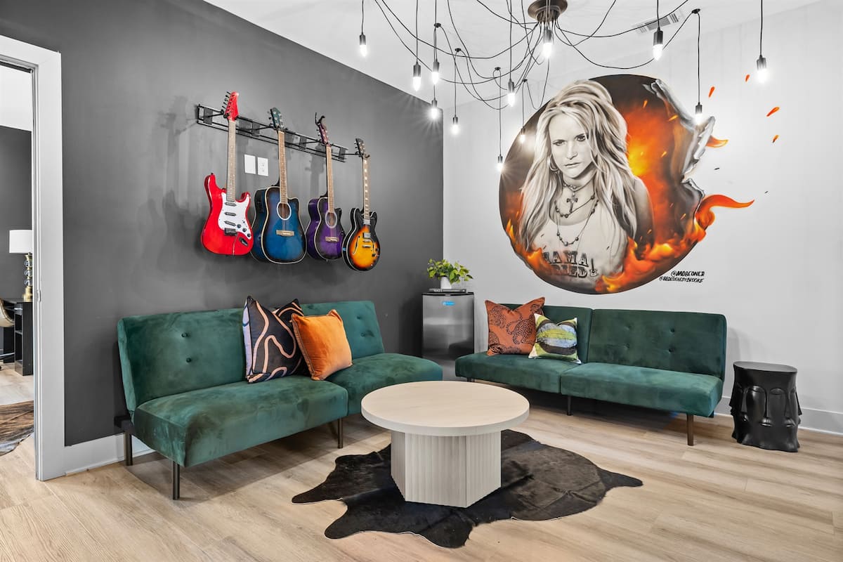 Vintage guitars and vibrant Nashville decor in the second living room