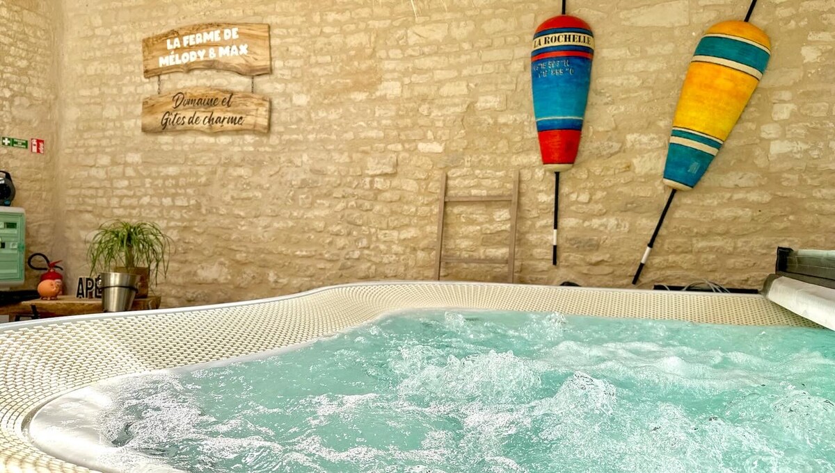A professional spa with a curved, textured edge is featured, showcasing bubbling water amidst a light-colored stone wall. Two colorful fishing buoys are displayed on the wall above, enhancing the coastal theme. A wooden ladder leans against the wall, adding character to the space.