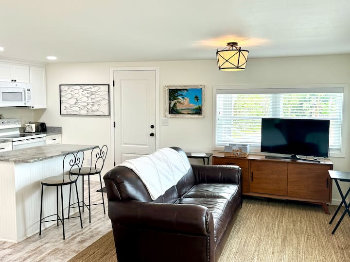 Kožená pohovka v plnej veľkosti, inteligentná televízia a výhľad na predné dvere zvnútra.