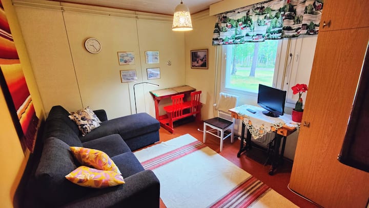 Keltaisessa makuuhuoneessa on pieni televisio. ChromeCast is available. Keltaisesta makkarista löytyy levitettävä vuodesohva ja huoneeseen tulee pieni televisio, joten tila voi toimia myös kakkosolkkarina.