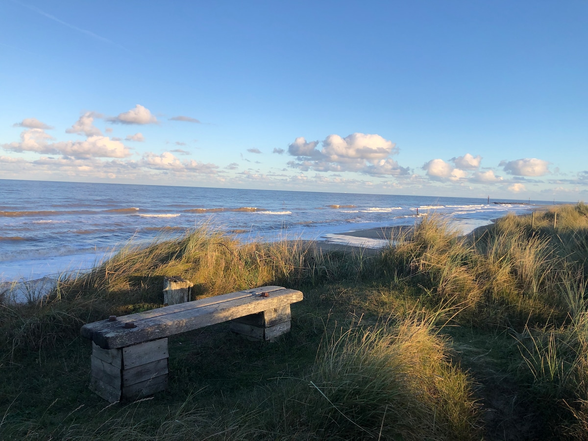 A weathered wooden bench is positioned atop a grassy dune, overlooking the shoreline. Gentle waves lap against the sandy beach, with expansive views of the sea and a sky filled with soft clouds. The warm sunlight highlights the natural landscape.