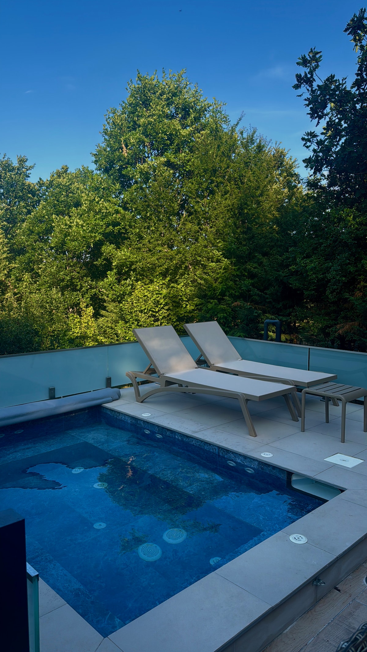 A private swimming pool is surrounded by a glass railing, with light-colored lounge chairs positioned nearby. Lush greenery is visible in the background, enhancing the sense of seclusion and tranquility in the outdoor space.