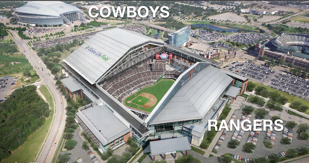 An aerial view showcases two prominent sports venues, with the Cowboys' stadium on the left and the Rangers' stadium on the right. The large green field is visible within the Rangers' stadium, surrounded by a parking area filled with vehicles. Lush greenery lines the roadways.